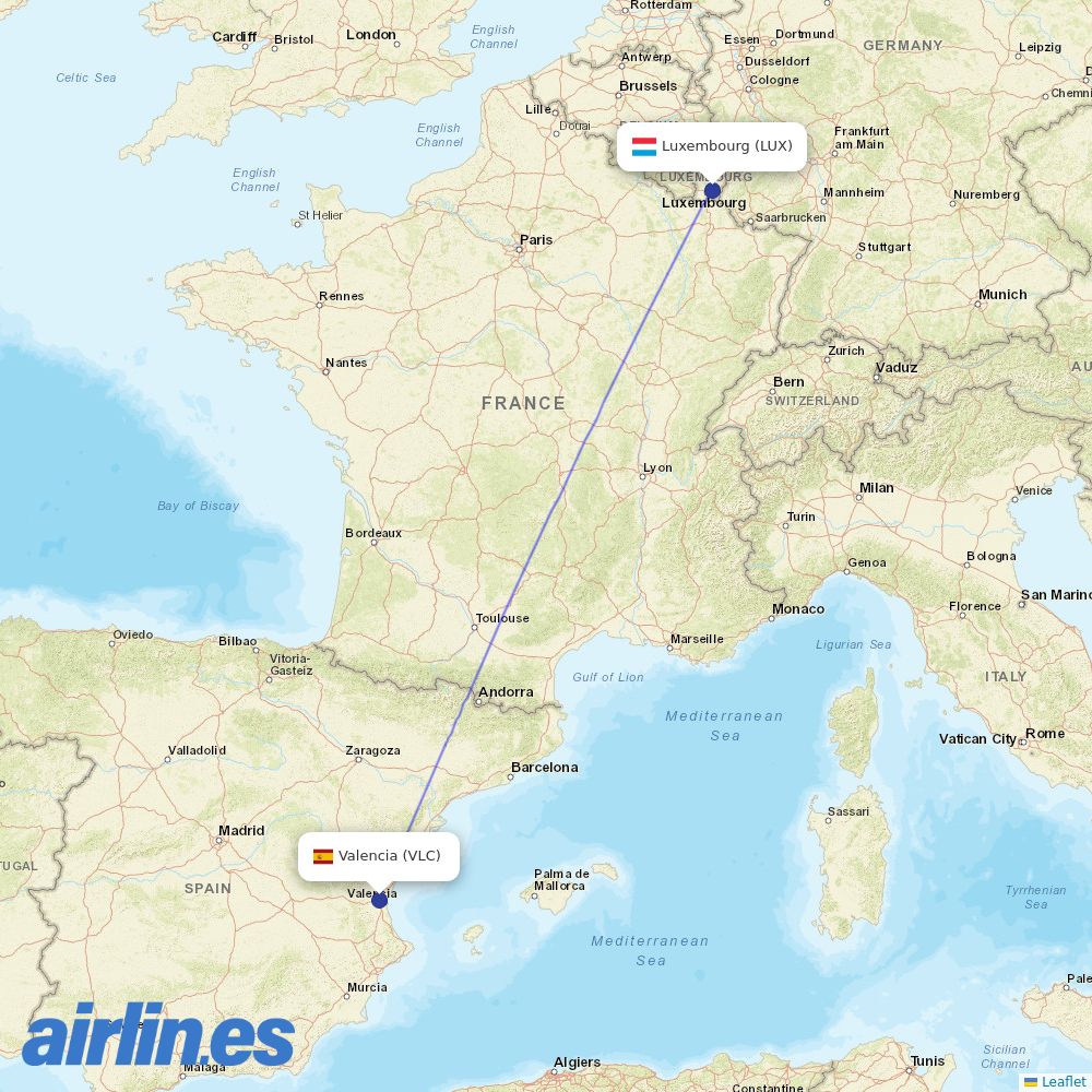 Luxair from Valencia Arport destination map