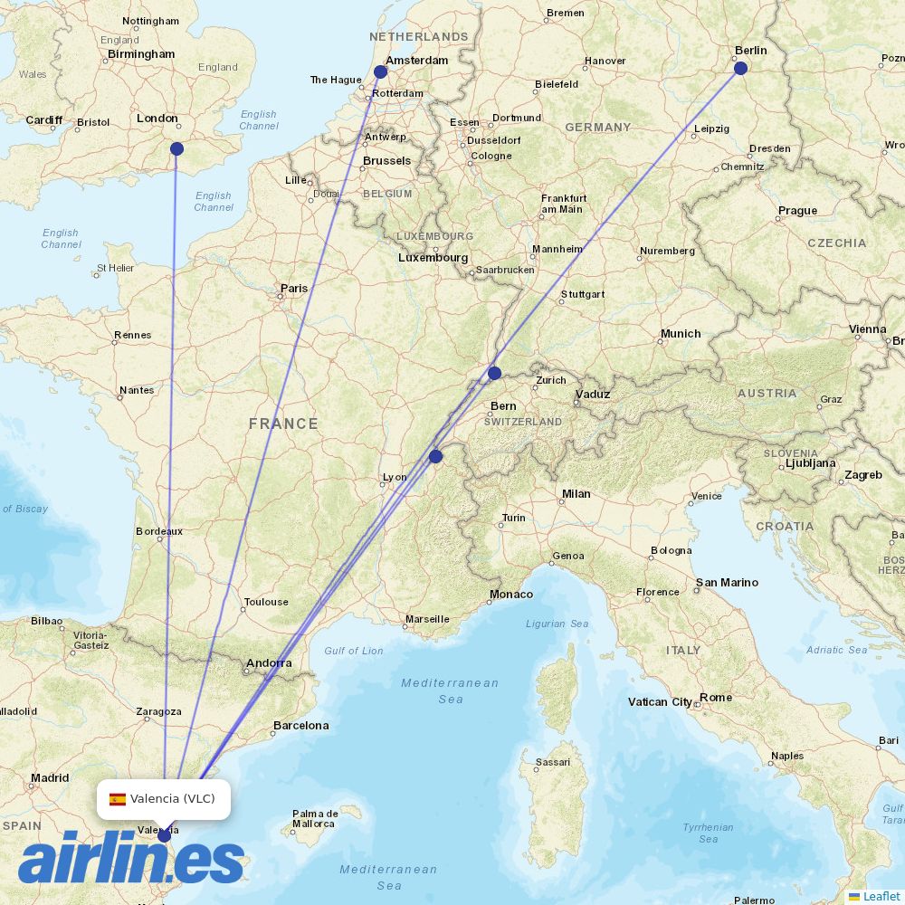 easyJet from Valencia Arport destination map