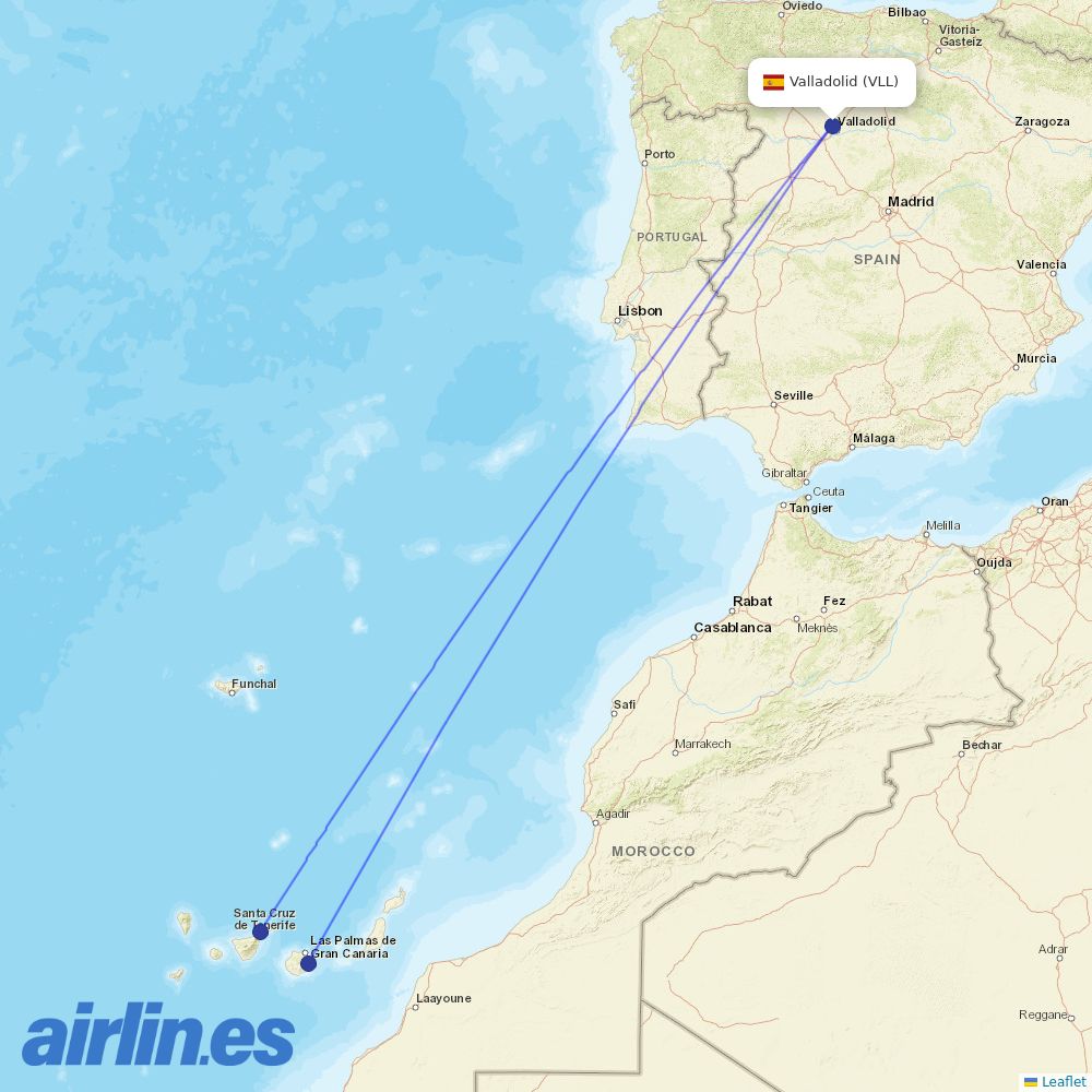 Binter Canarias from Valladolid destination map