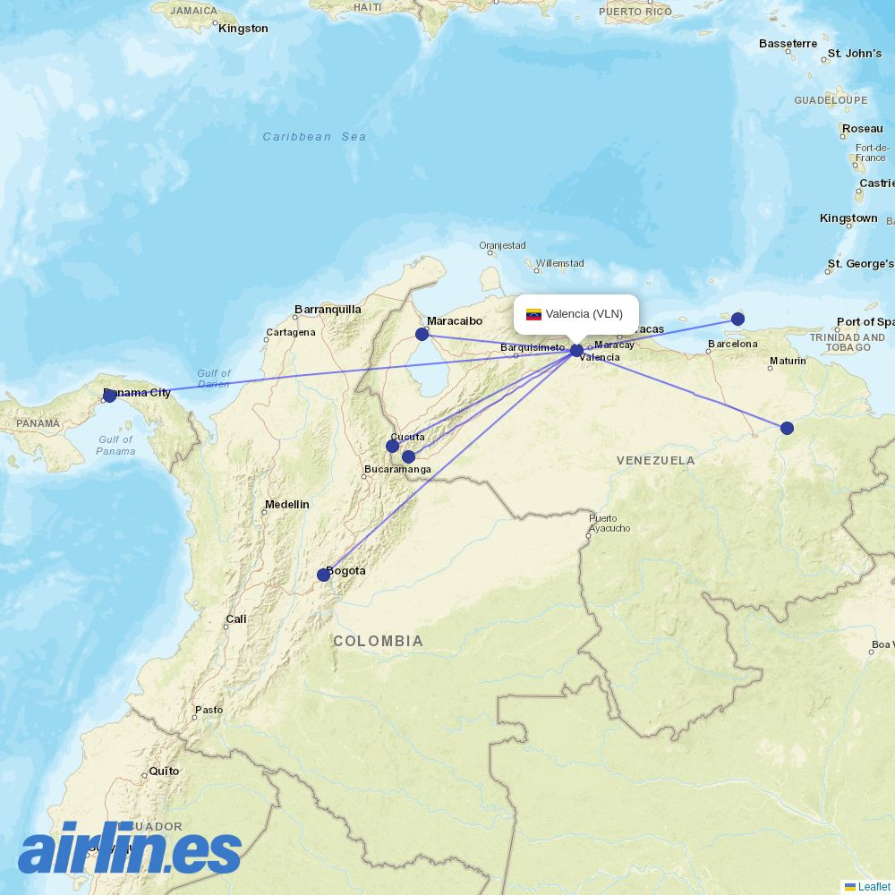 Conviasa from Arturo Michelena International destination map