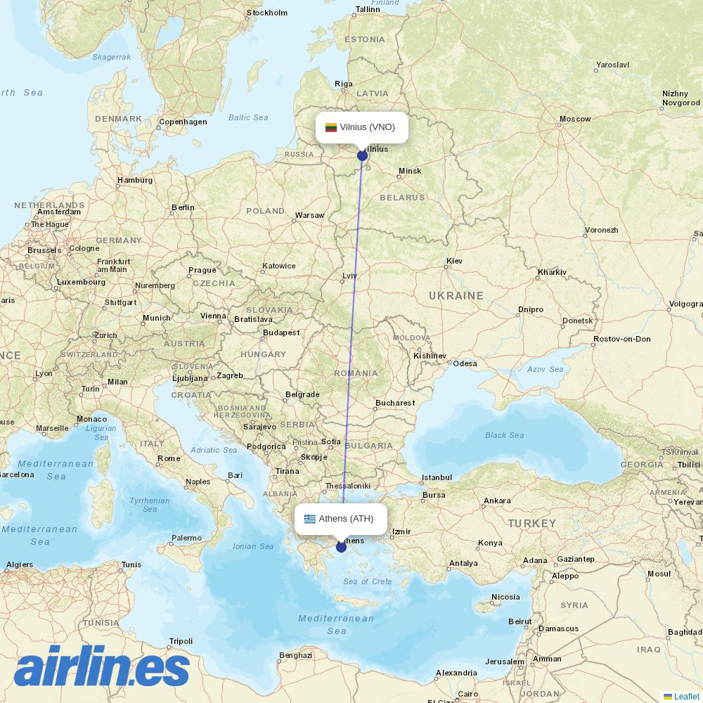 Aegean Airlines from Vilnius Airport destination map