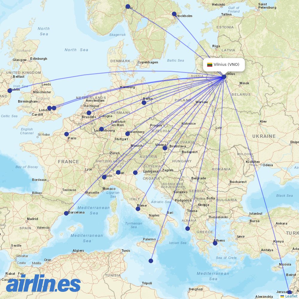 Ryanair from Vilnius Airport destination map