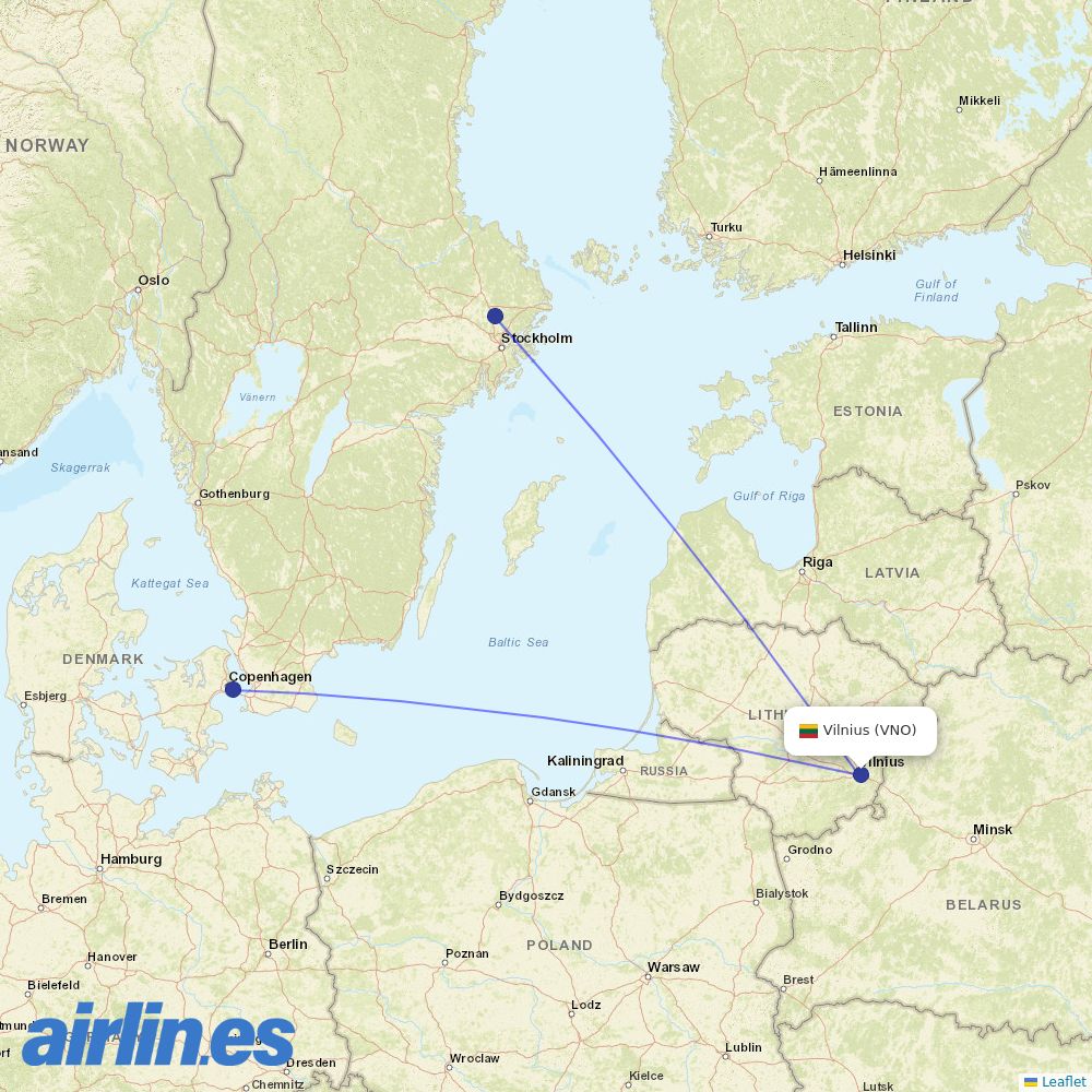 Scandinavian Airlines from Vilnius Airport destination map