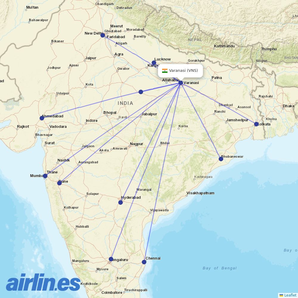 IndiGo from Varanasi destination map