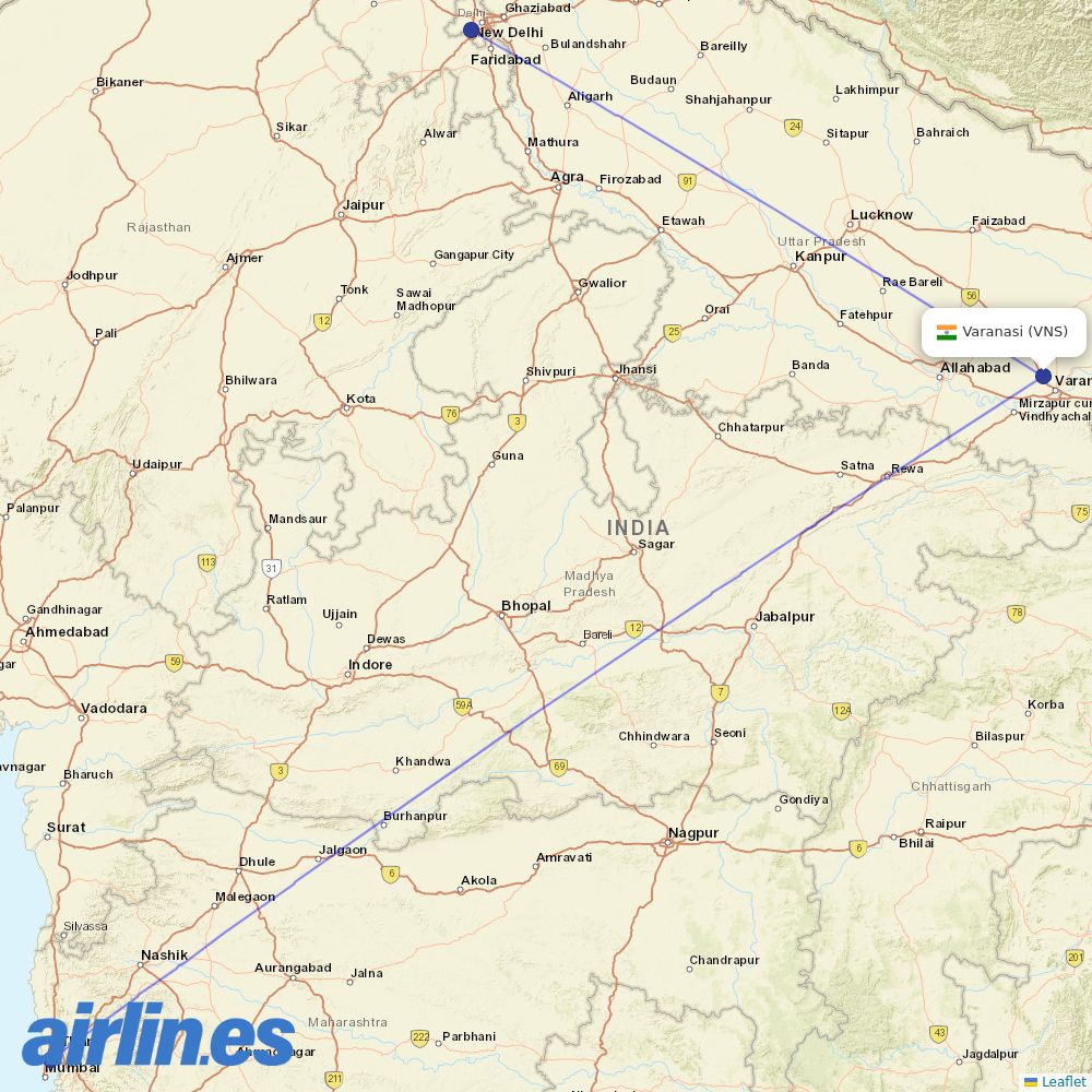 Air India from Varanasi destination map