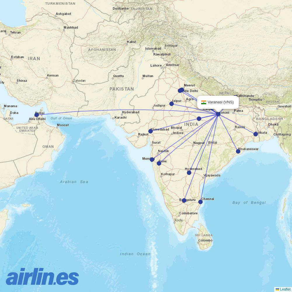 Air India Express from Varanasi destination map
