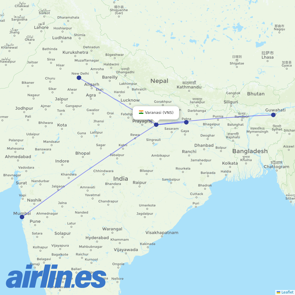 SpiceJet from Varanasi destination map