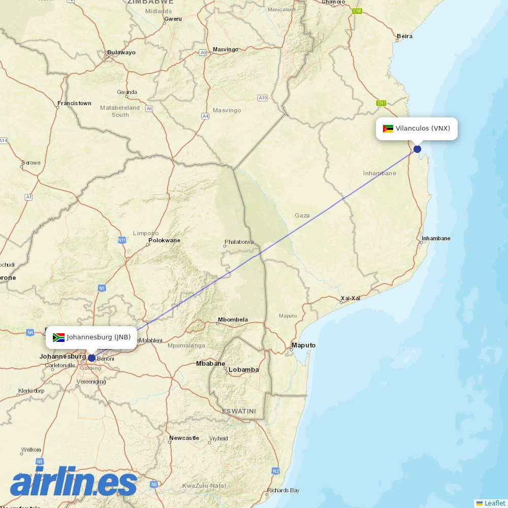 Airlink from Vilankulo destination map