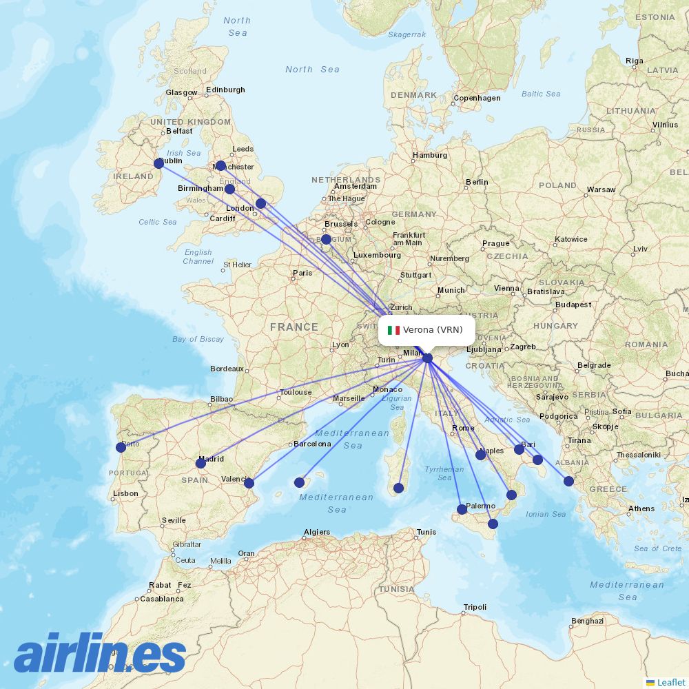 Ryanair from Verona Villafranca Airport destination map
