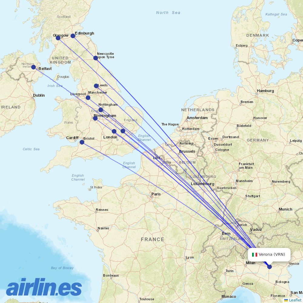 Jet2 from Verona Villafranca Airport destination map