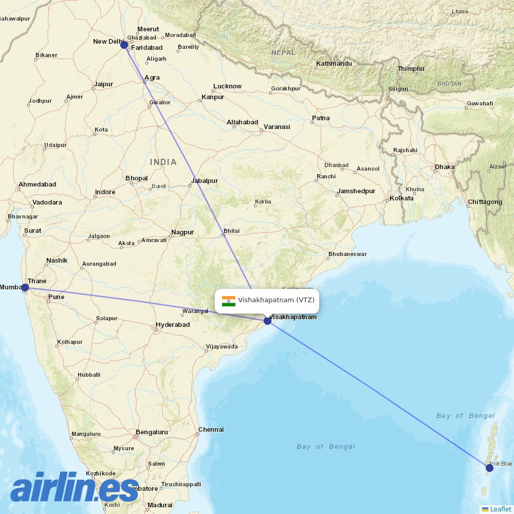 Air India from Vishakhapatnam destination map