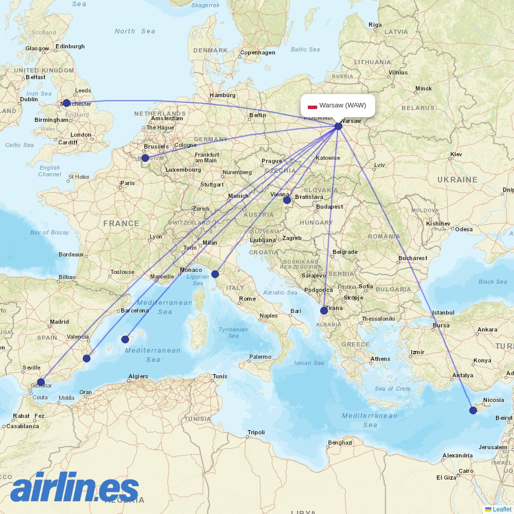 Ryanair from Warsaw Chopin Airport destination map