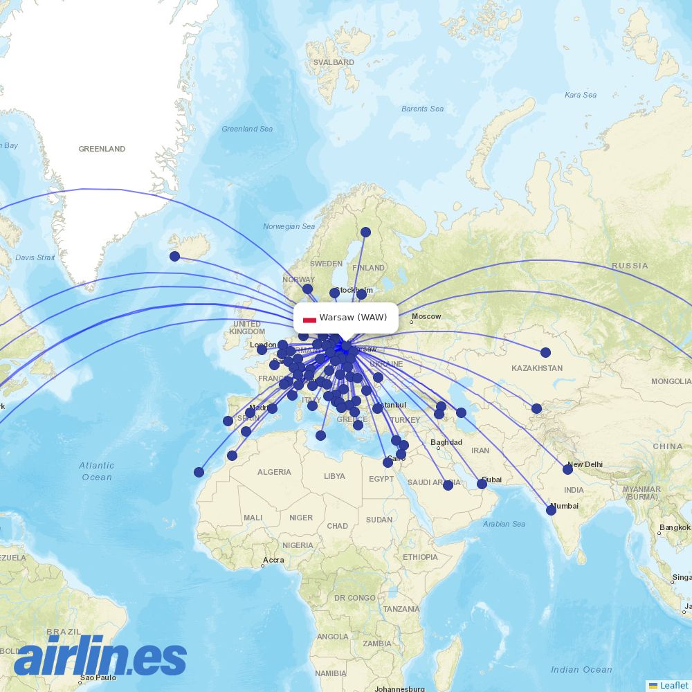 LOT - Polish Airlines from Warsaw Chopin Airport destination map