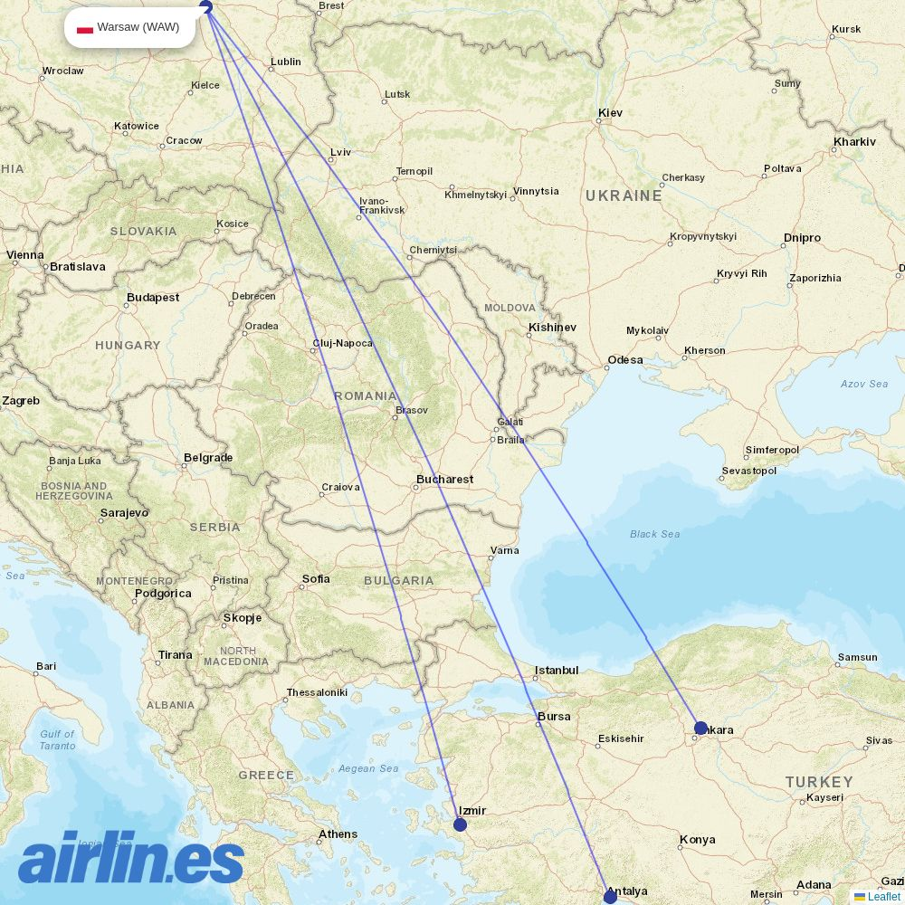 Pegasus from Warsaw Chopin Airport destination map