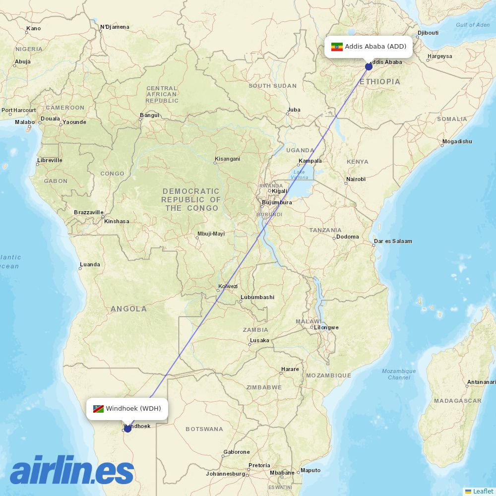 Ethiopian Airlines from Windhoek Hosea Kutako International Airport  destination map