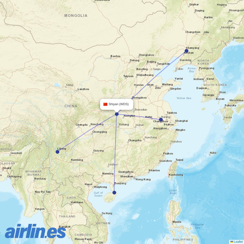 Beijing Capital Airlines from Shiyan Wudangshan Airport destination map