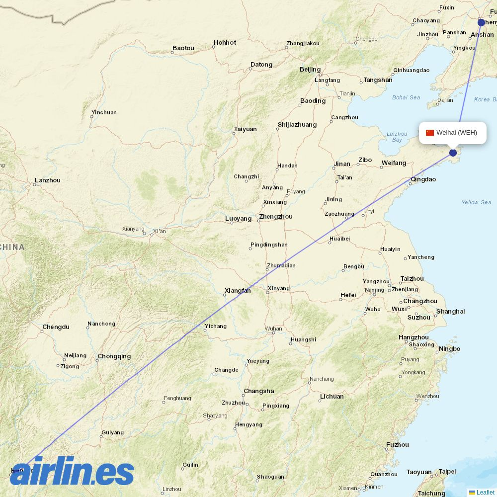 Ruili Airlines from Weihai Airport destination map