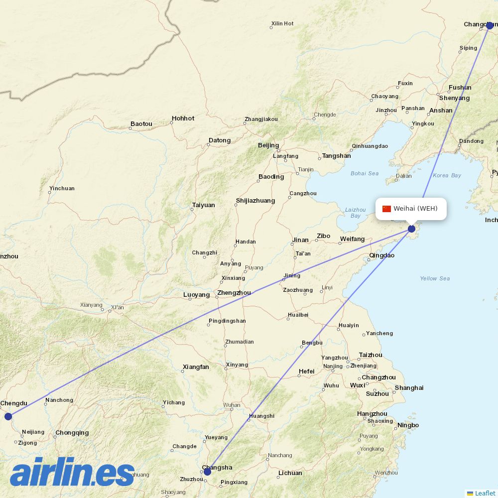 Chengdu Airlines from Weihai Airport destination map