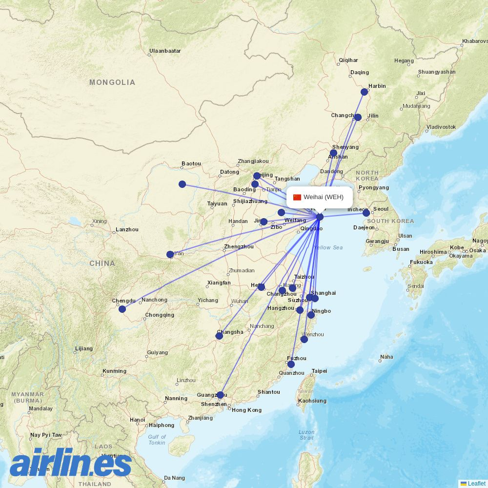 Qingdao Airlines from Weihai Airport destination map