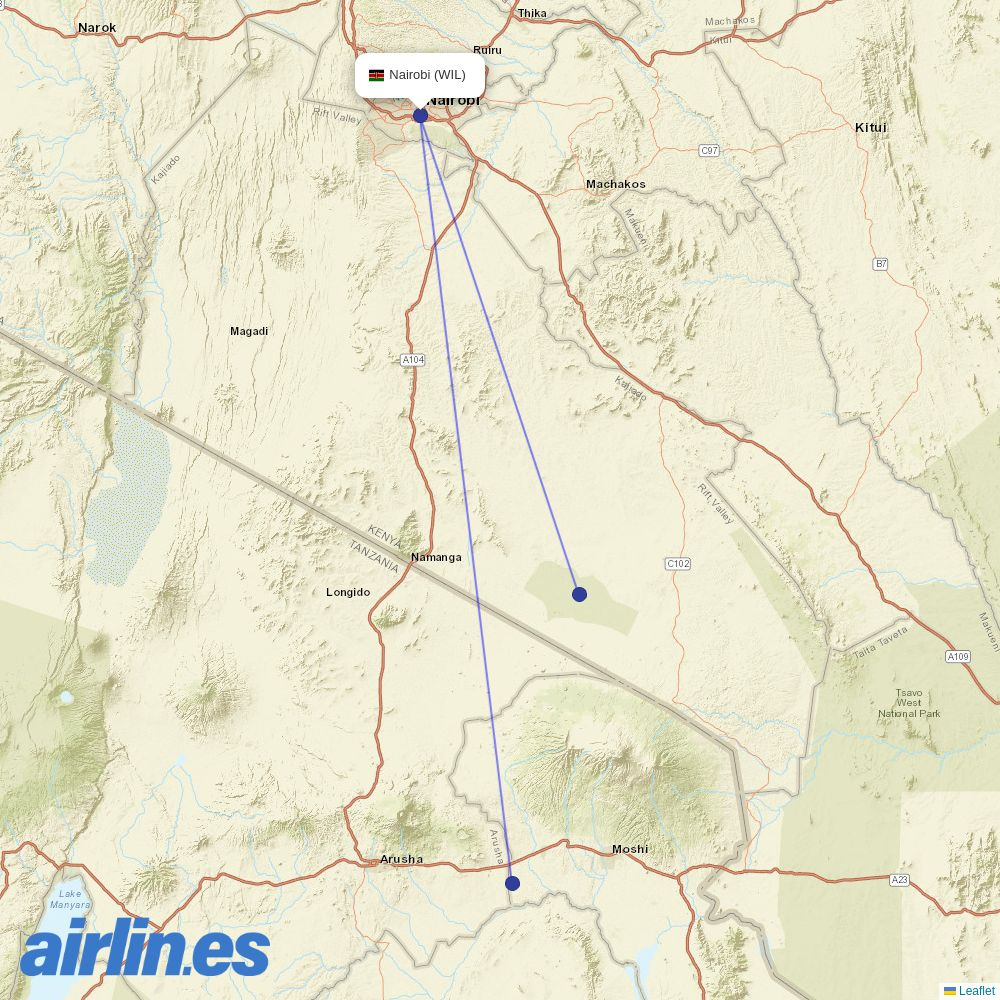 AirKenya Express from Nairobi Wilson destination map