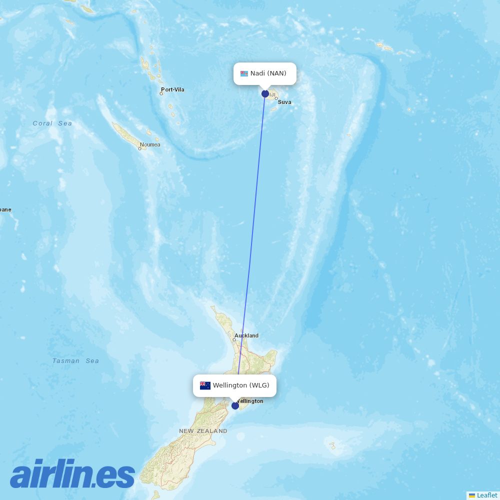Fiji Airways from Wellington International destination map