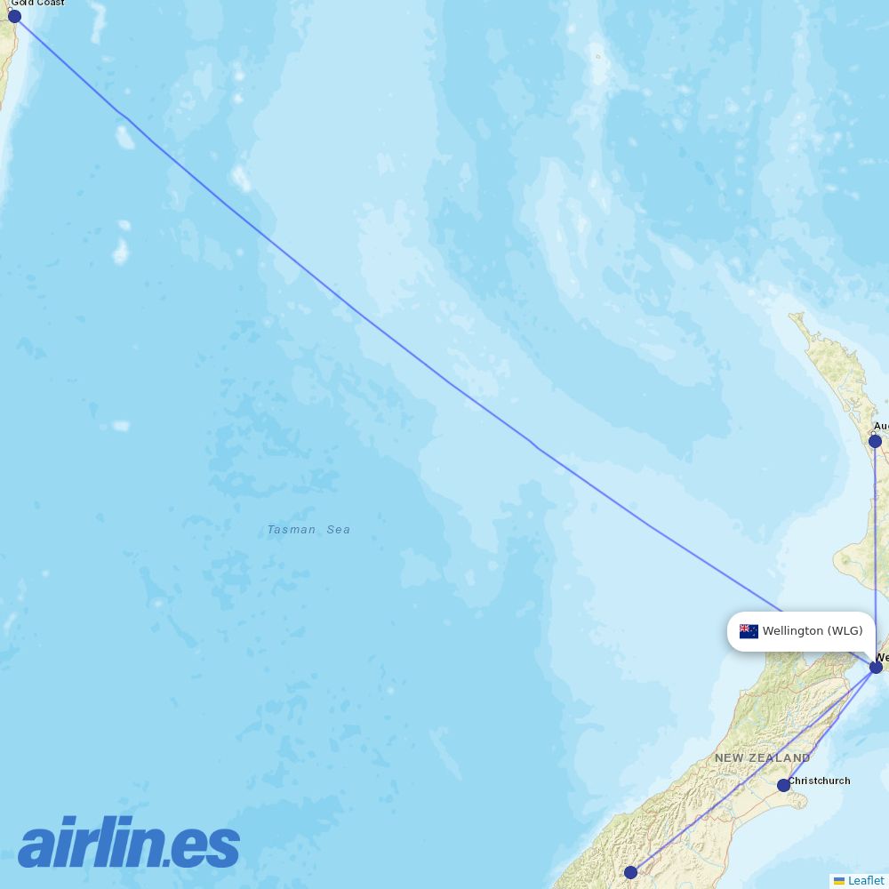 Jetstar from Wellington International destination map
