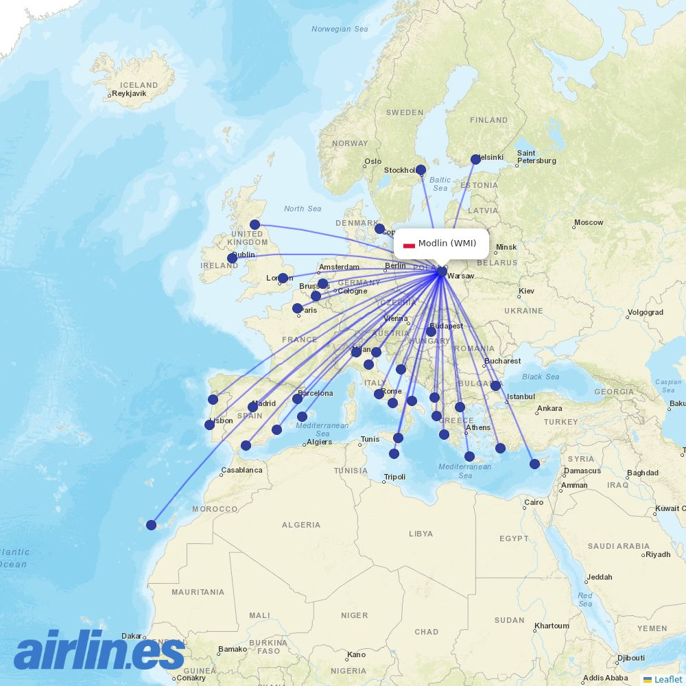 Ryanair from Warsaw Modlin Airport destination map