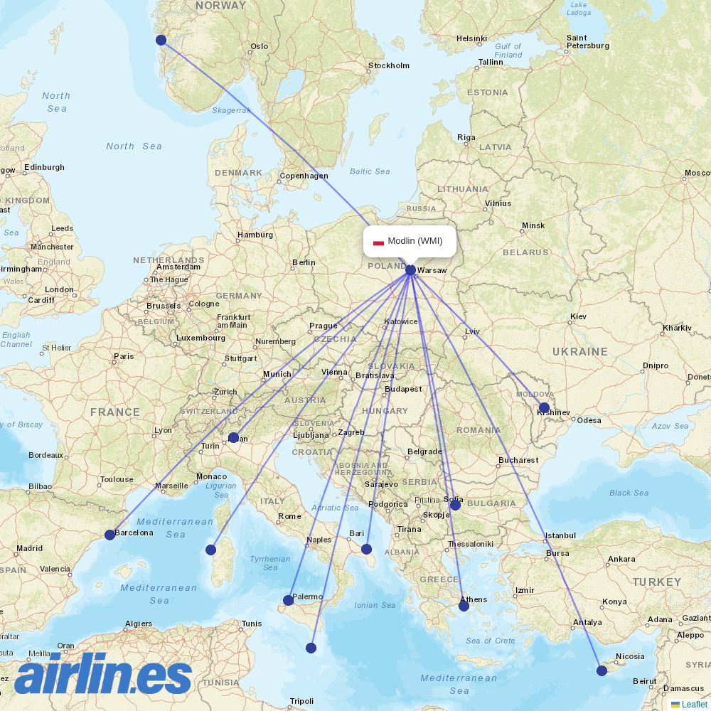 Wizz Air from Warsaw Modlin Airport destination map