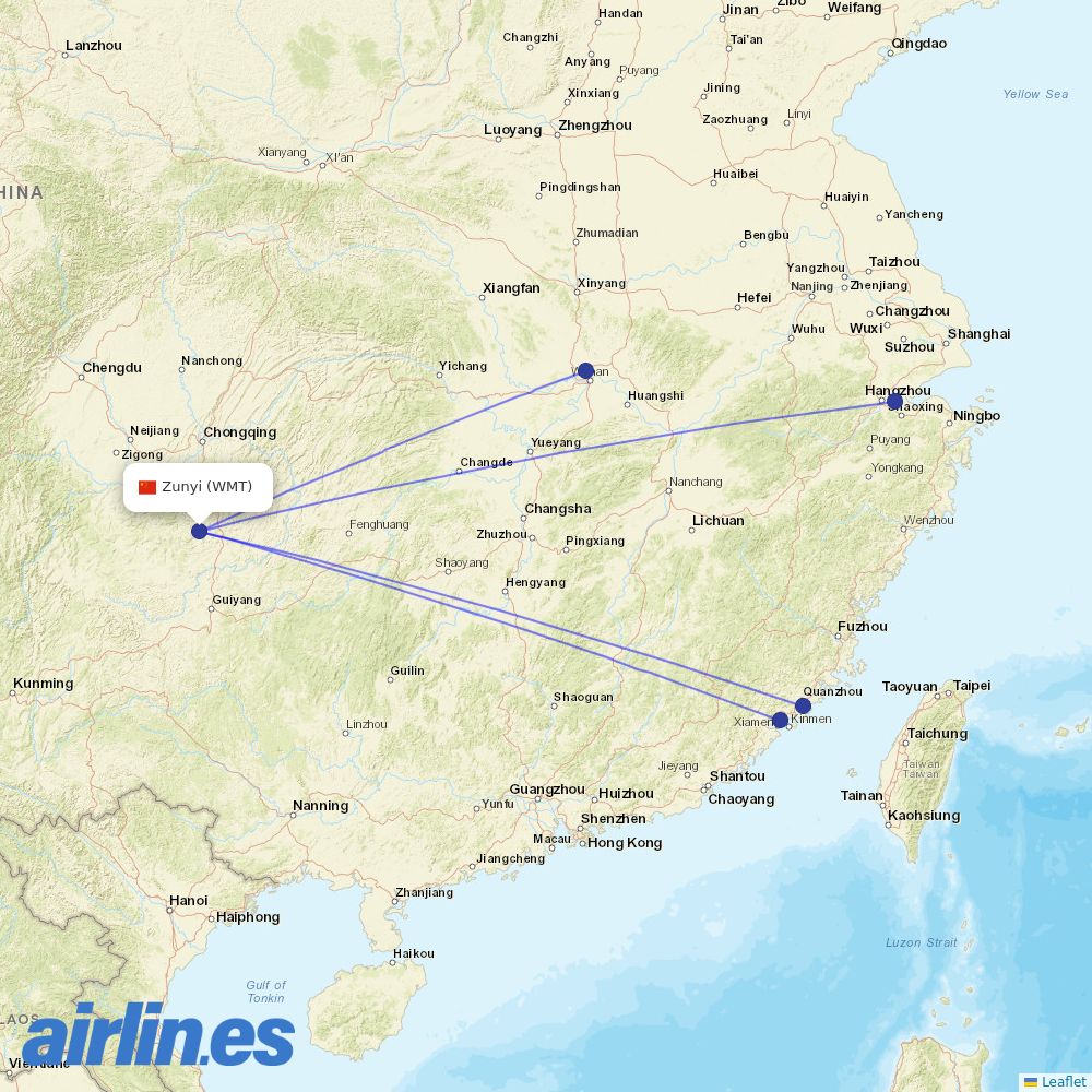 Xiamen Airlines from Maotai Airport destination map