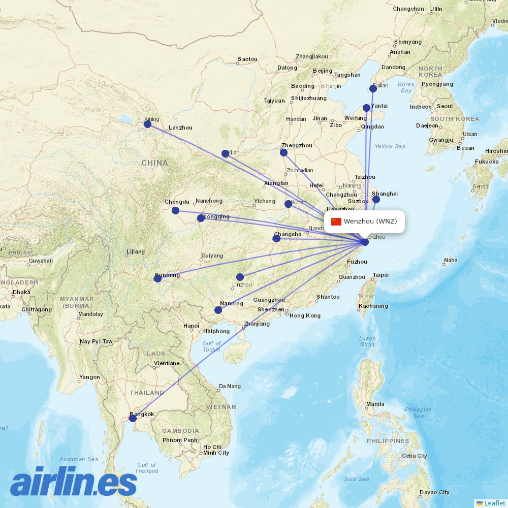 Shanghai Airlines from Wenzhou Yongqiang Airport destination map
