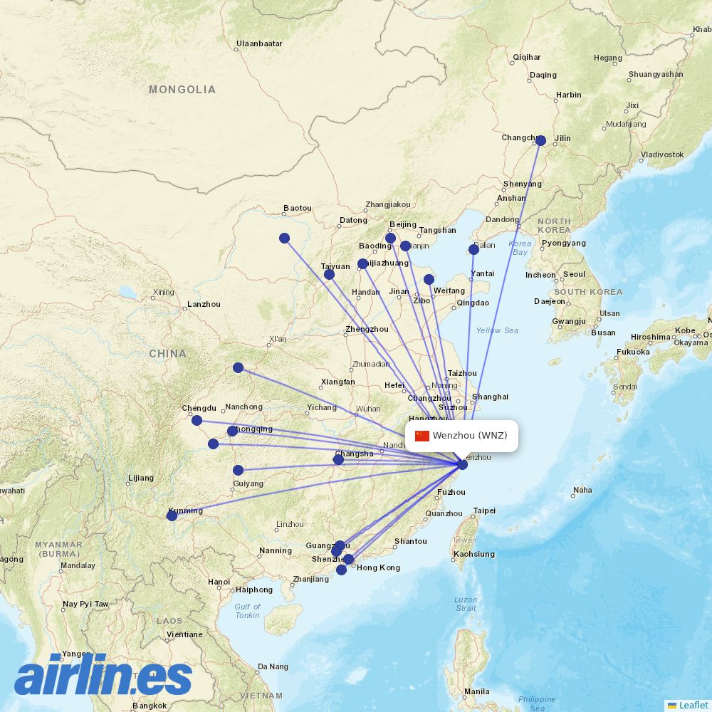 China United Airlines from Wenzhou Yongqiang Airport destination map