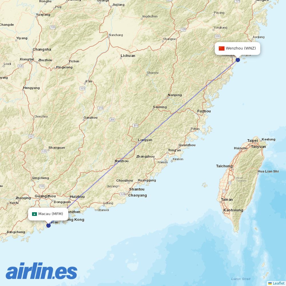 Air Macau from Wenzhou Yongqiang Airport destination map