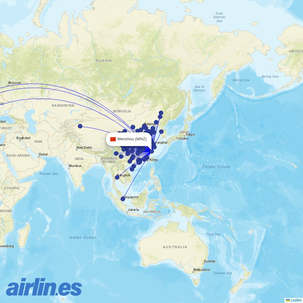 Qingdao Airlines from Wenzhou Yongqiang Airport destination map