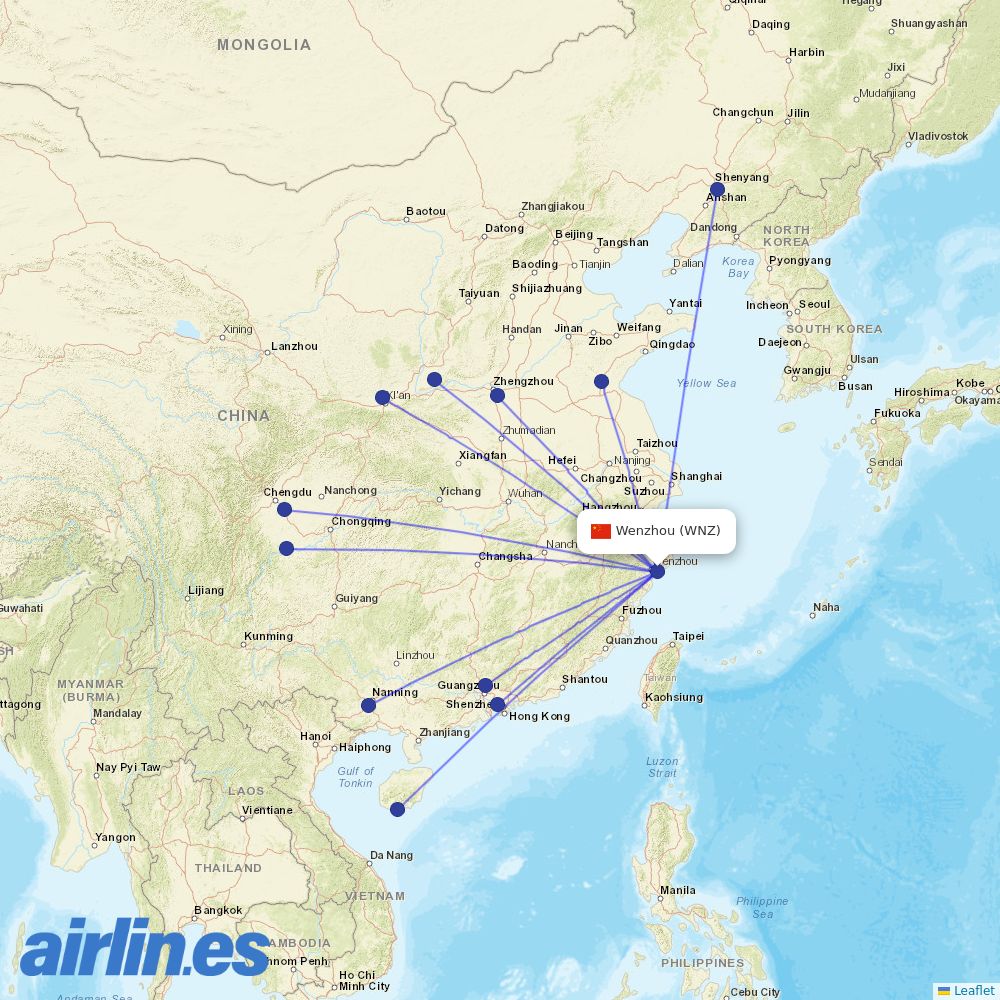 Shenzhen Airlines from Wenzhou Yongqiang Airport destination map
