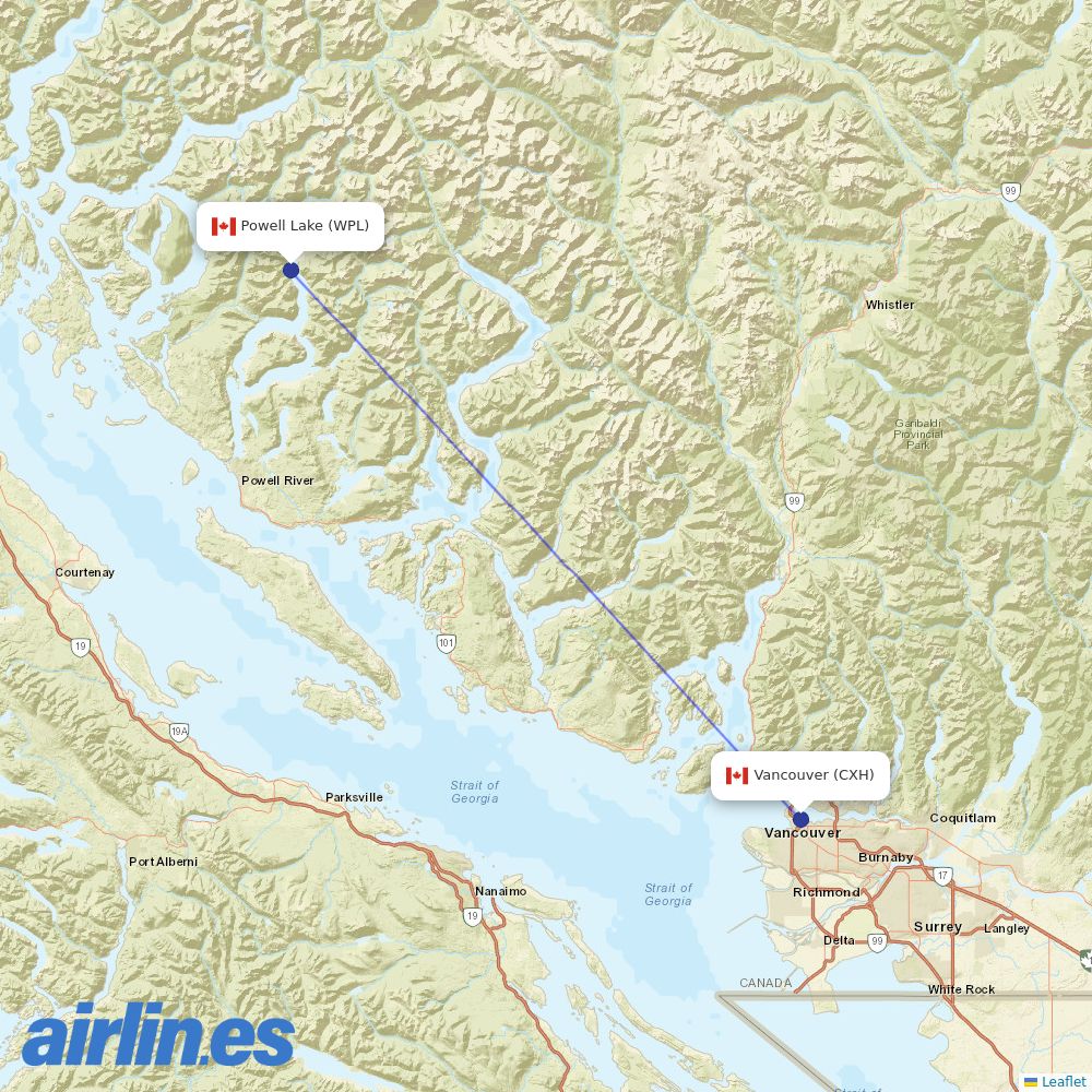 Harbour Air from Powell Lake Airport destination map