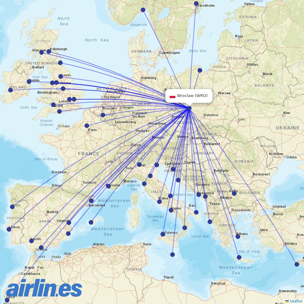 Ryanair from Copernicus Airport Wrocław destination map