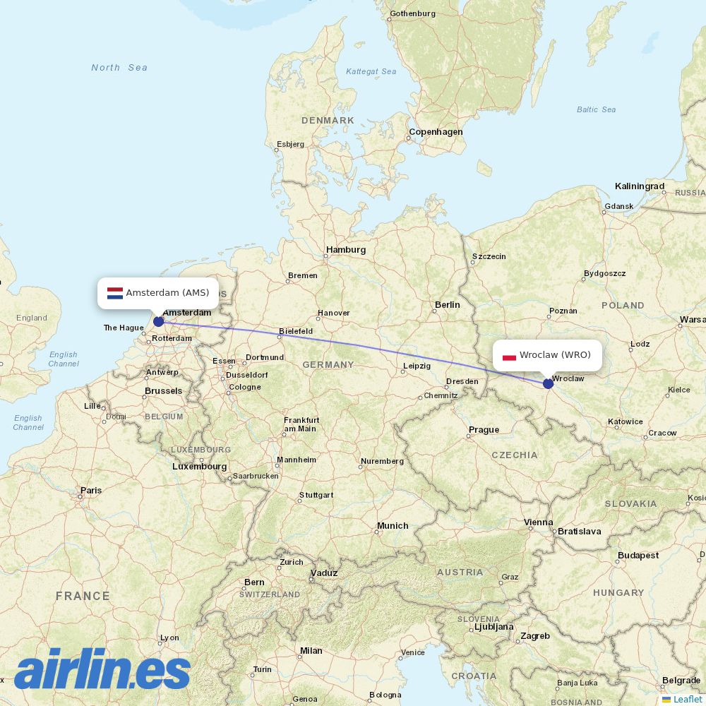 KLM from Copernicus Airport Wrocław destination map