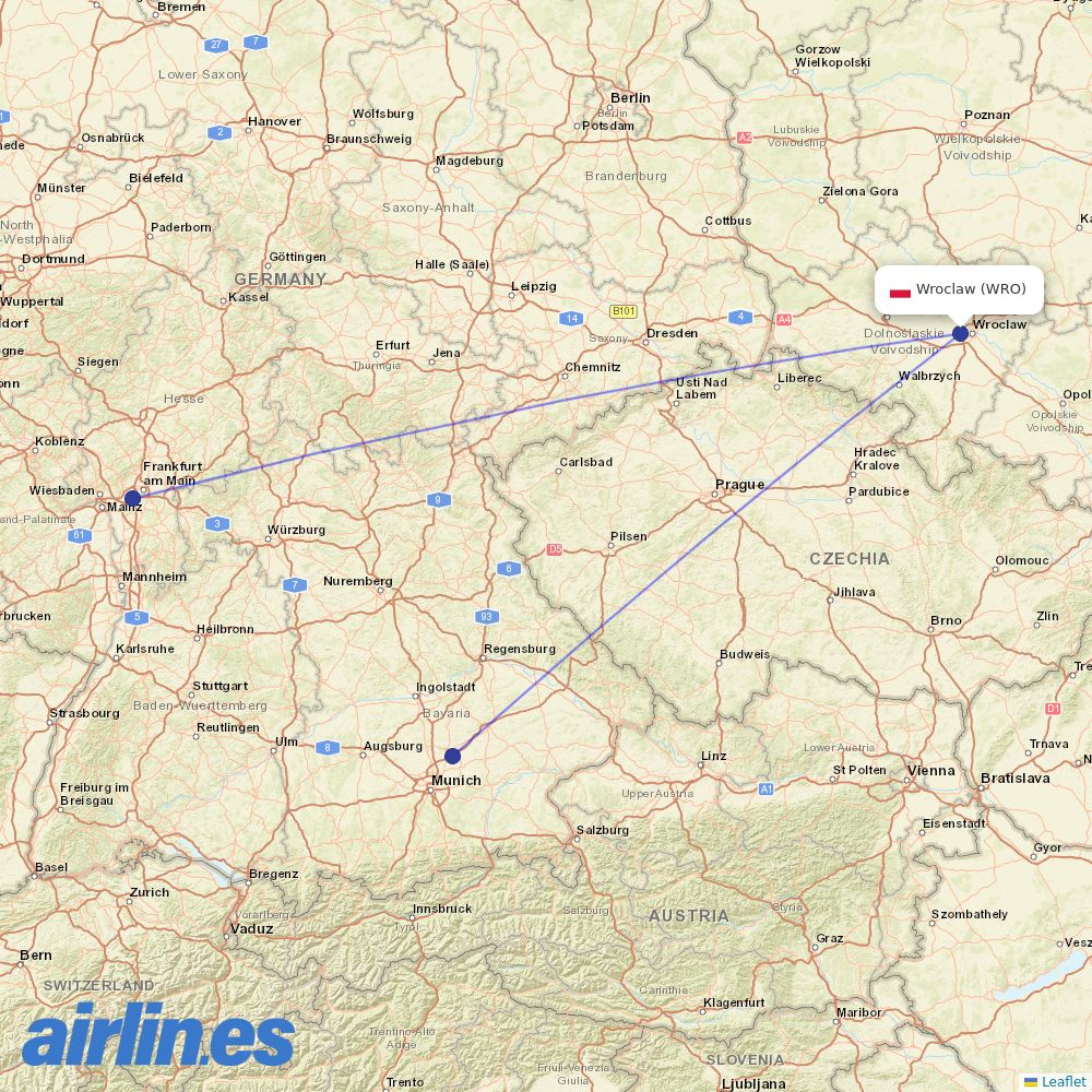 Lufthansa from Copernicus Airport Wrocław destination map