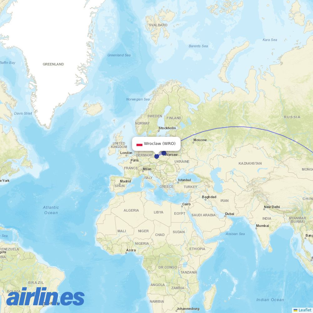 LOT - Polish Airlines from Copernicus Airport Wrocław destination map