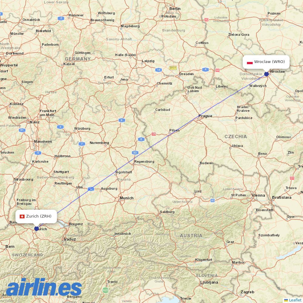SWISS from Copernicus Airport Wrocław destination map