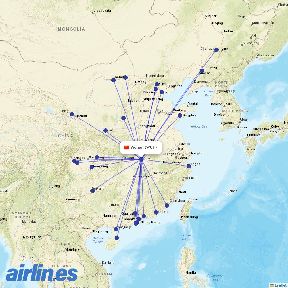 Air China from Wuhan Tianhe International Airport destination map