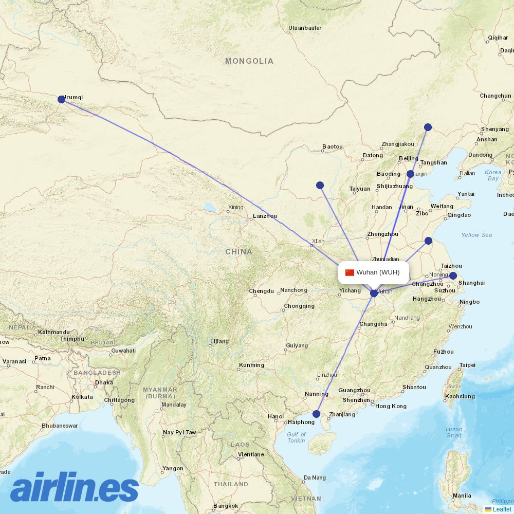 Chengdu Airlines from Wuhan Tianhe International Airport destination map