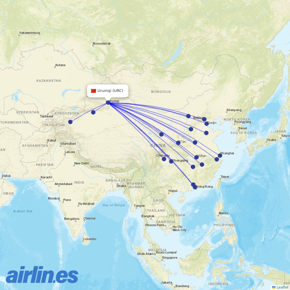 Hainan Airlines from Wuhan Tianhe International Airport destination map