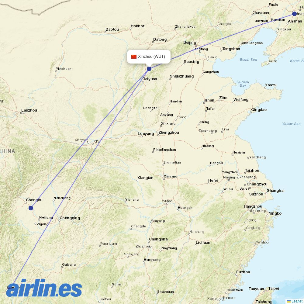 Ruili Airlines from Wutaishan Airport destination map