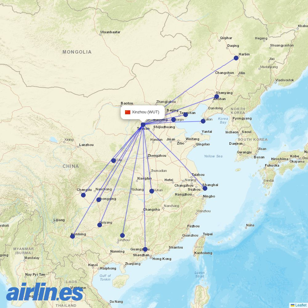 Chengdu Airlines from Wutaishan Airport destination map