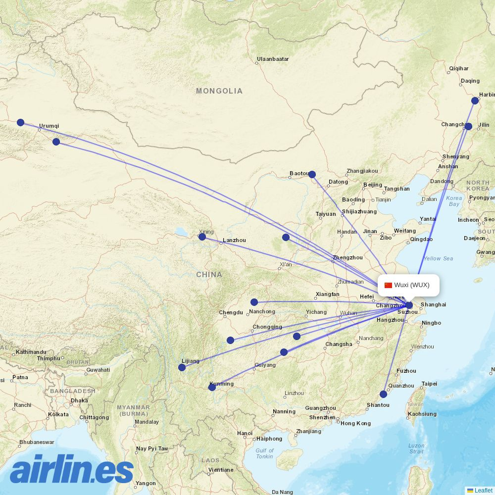 Air Travel from Wuxi Airport destination map
