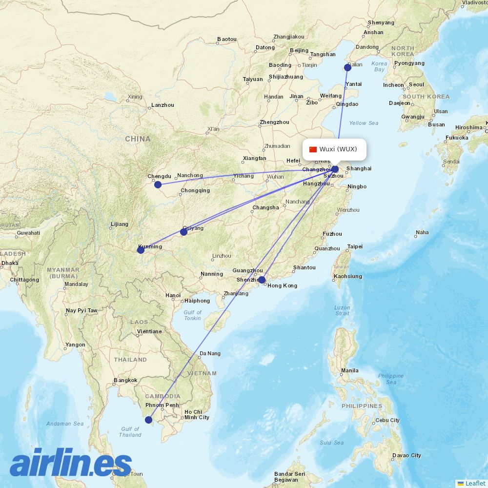Ruili Airlines from Wuxi Airport destination map