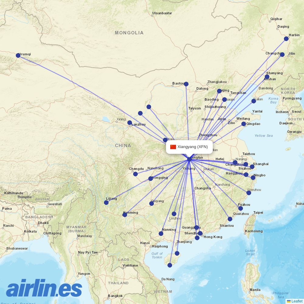 Gestair from Xiangfan Airport destination map