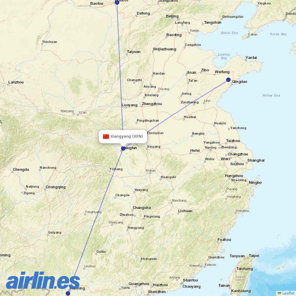 GX Airlines from Xiangfan Airport destination map