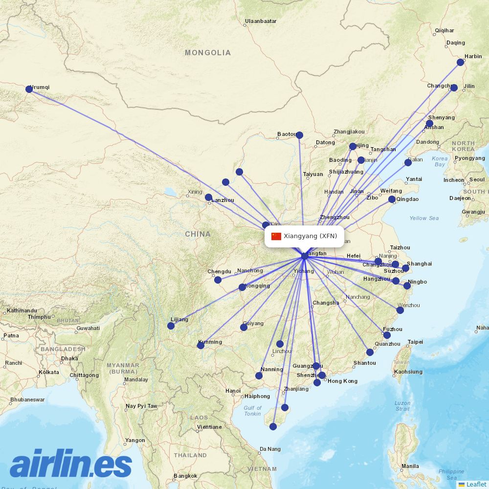 Shenzhen Airlines from Xiangfan Airport destination map